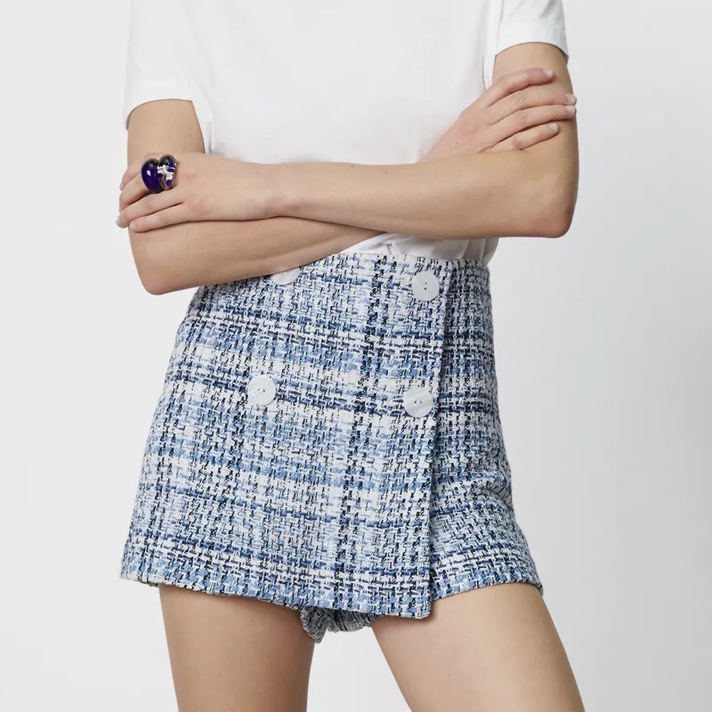 Zara TWEED TEXTURED SKORT High-waist w/ Buttons BN